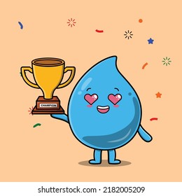 Cute Cartoon character illustration of water drop is holding up the golden trophy with happy gesture