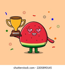 Cute Cartoon character illustration of watermelon is holding up the golden trophy in illustration