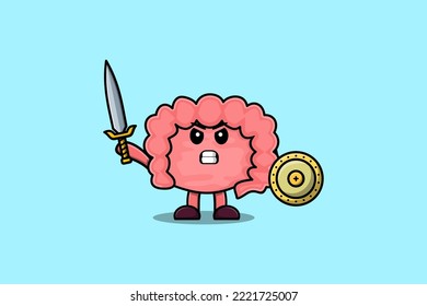 Cute cartoon character Intestine holding sword and shield in modern style design