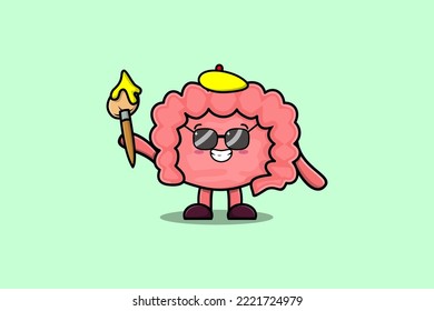 Cute cartoon character Intestine painter portraitist with hat and a brush to draw in cute design