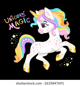 Cute cartoon character joyful magic unicorn and lettering Unicorn Magic. Vector illustration isolated on a black background. For print, t shirt design, sticker, poster, cards, decoration, kids clothes