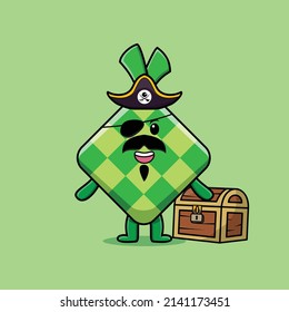 Cute cartoon character Ketupat pirate with treasure box in modern style design
