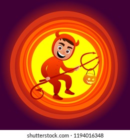Cute cartoon character kid in colorful Halloween costume devil red background
