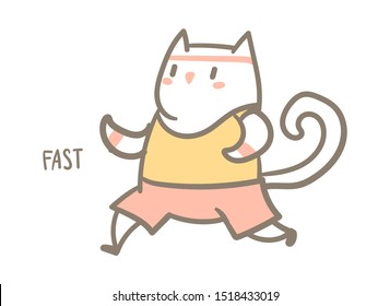 Cute cartoon character kitty doing exercise, motivational funny vector illustration isolated on white.