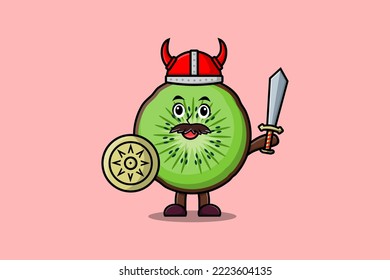 Cute cartoon character Kiwi fruit viking pirate with hat and holding sword and shield illustration