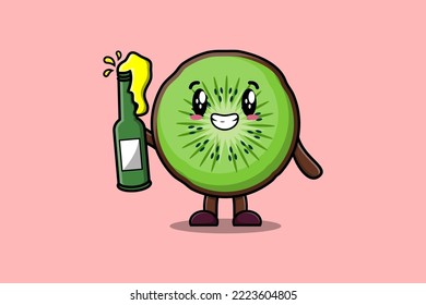 Cute cartoon character Kiwi fruit with soda bottle in modern cute style design flat illustration