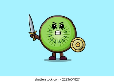 Cute cartoon character Kiwi fruit holding sword and shield in modern style design