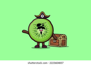 Cute cartoon character Kiwi fruit pirate with treasure box illustration in modern style design