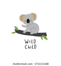 Cute cartoon character koala - hand drawn print for kids. 