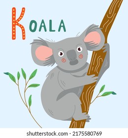 Cute cartoon character koala illustration. Vector print for kids design