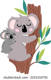 Cute cartoon character koala mother and baby. Seal for baby shower. Vector print with a baby and mother koala
