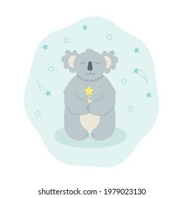 Cute cartoon character koala on a cloud with a magic wand dreams. Vector illustration.