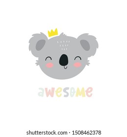 Cute cartoon character koala. Print for baby shower party. Vector print with baby koala.