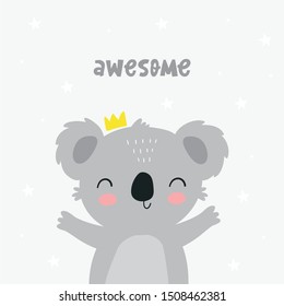 Cute cartoon character koala. Print for baby shower party. Vector print with baby koala.