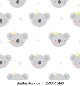 Cute cartoon character koala. Print for baby shower party. Vector print with baby koala. Seamless pattern