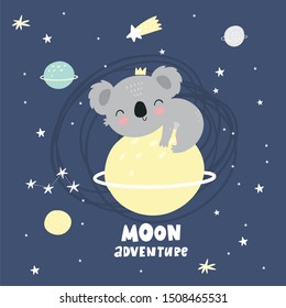 Cute cartoon character koala. Print for baby shower party. Vector print with baby koala in space