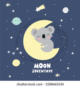 Cute cartoon character koala. Print for baby shower party. Vector print with baby koala in space