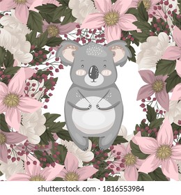 Cute cartoon character koala. Print for baby shower party. Vector print with baby koala.Editable vector illustration.
Green Leafy Koala Bear.
flower pattern.