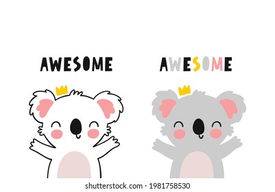 Cute cartoon character koala. Print for baby shower party. Vector print with baby koala.