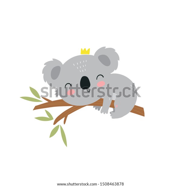 Cute cartoon character koala. Print for\
baby shower party. Vector print with baby\
koala.