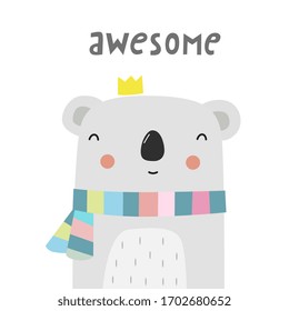 Cute cartoon character koala. Vector print with baby koala.
