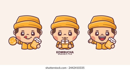 Cute cartoon character with kombucha drink, vector illustration in outline style, perfect for culinary identity, cartoon icon, sticker, etc.