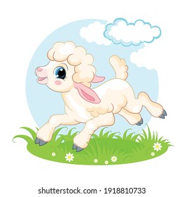 Cute cartoon character lamb running on a flower meadow. Vector isolated illustration. For postcard, posters, nursery design, greeting card, stickers, room decor, t-shirt, kids apparel, invitation,book