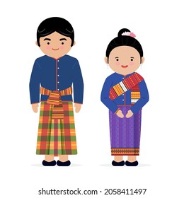 Cute cartoon character Laos and Thai people in northeast of Thailand in traditional costumes.