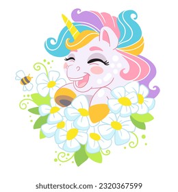 Cute cartoon character laughing unicorn with a flowers and rainbow mane. Vector isolated illustration on a white background. For print, design, poster, sticker, card, decoration and t shirt design