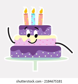 Cute Cartoon Character Layered Cake With Burning Candle Colorful Sticker.