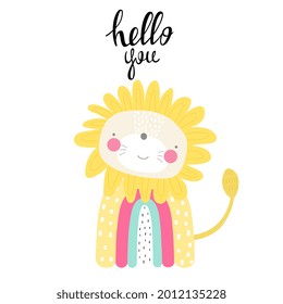 Cute cartoon character lion. Print for baby shower party. Vector print with baby lion.