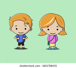 Cute cartoon character little boy and girl with blonde hair is smiling. Isolated on green background. Childhood friendship concept design.