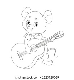 Cute cartoon character little mouse. Cheerful musician. Little mouse guitarist. Vector illustration on white background. Contour for coloring-books. Page for children's creativity.