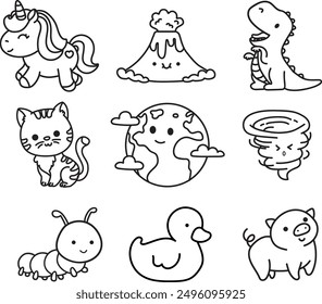 Lindo personaje de dibujos animados pequeño pony, volcán, dinosaurio rex, gato, tierra, tornado, oruga, pato y cerdo. Dibujo para colorear, hojas de trabajo imprimibles de Vector para preescolar. A los niños y los niños pequeños les encantará. 
