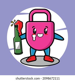 Cute cartoon character Lock with soda bottle in modern cute style design for t-shirt, sticker, logo element for t-shirt, sticker, logo element