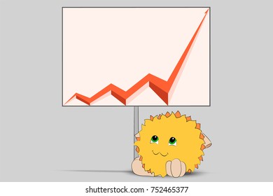 cute cartoon character looking at a red graph on a poster
