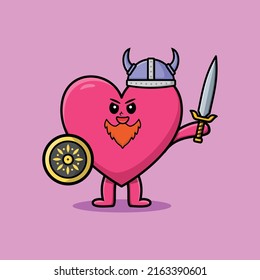 Cute cartoon character Lovely heart viking pirate with hat and holding sword and shield