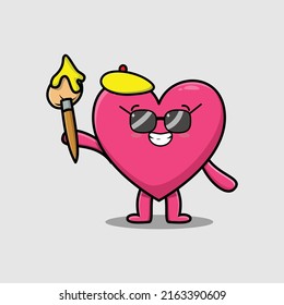 Cute cartoon character Lovely heart painter with hat and a brush to draw