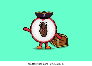 Cute cartoon character Lychee pirate with treasure box illustration in modern style design