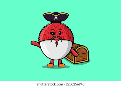 Cute cartoon character Lychee pirate with treasure box illustration in modern style design