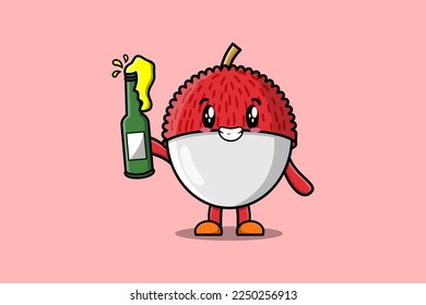 Cute cartoon character Lychee with soda bottle in modern cute style design flat illustration