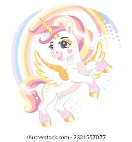 Cute cartoon character magic unicorn with wings and rainbow. Vector illustration isolated on a white background. Happy magic unicorn. For print, design, poster, sticker, card, decoration,t shirt