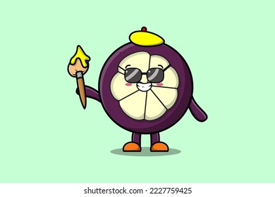 Cute cartoon character Mangosteen painter portraitist with hat and a brush to draw in cute design