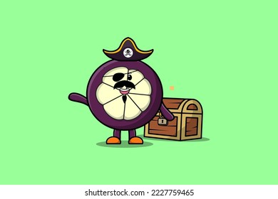 Cute cartoon character Mangosteen pirate with treasure box illustration in modern style design