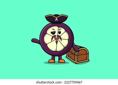 Cute cartoon character Mangosteen pirate with treasure box illustration in modern style design
