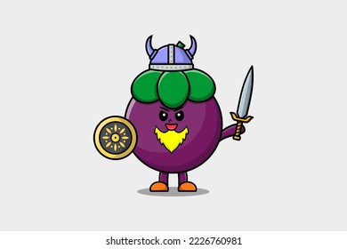 Cute cartoon character Mangosteen viking pirate with hat and holding sword and shield illustration