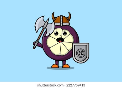 Cute cartoon character Mangosteen viking pirate with hat and holding ax and shield