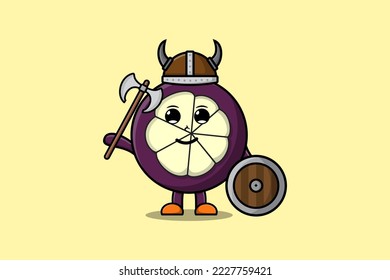Cute cartoon character Mangosteen viking pirate with hat and holding ax and shield