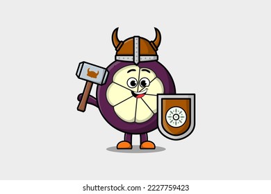 Cute cartoon character Mangosteen viking pirate with hat and holding hammer and shield