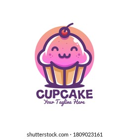 cute cartoon character mascot smile pink purple cupcake with red cherry fruit logo - vector